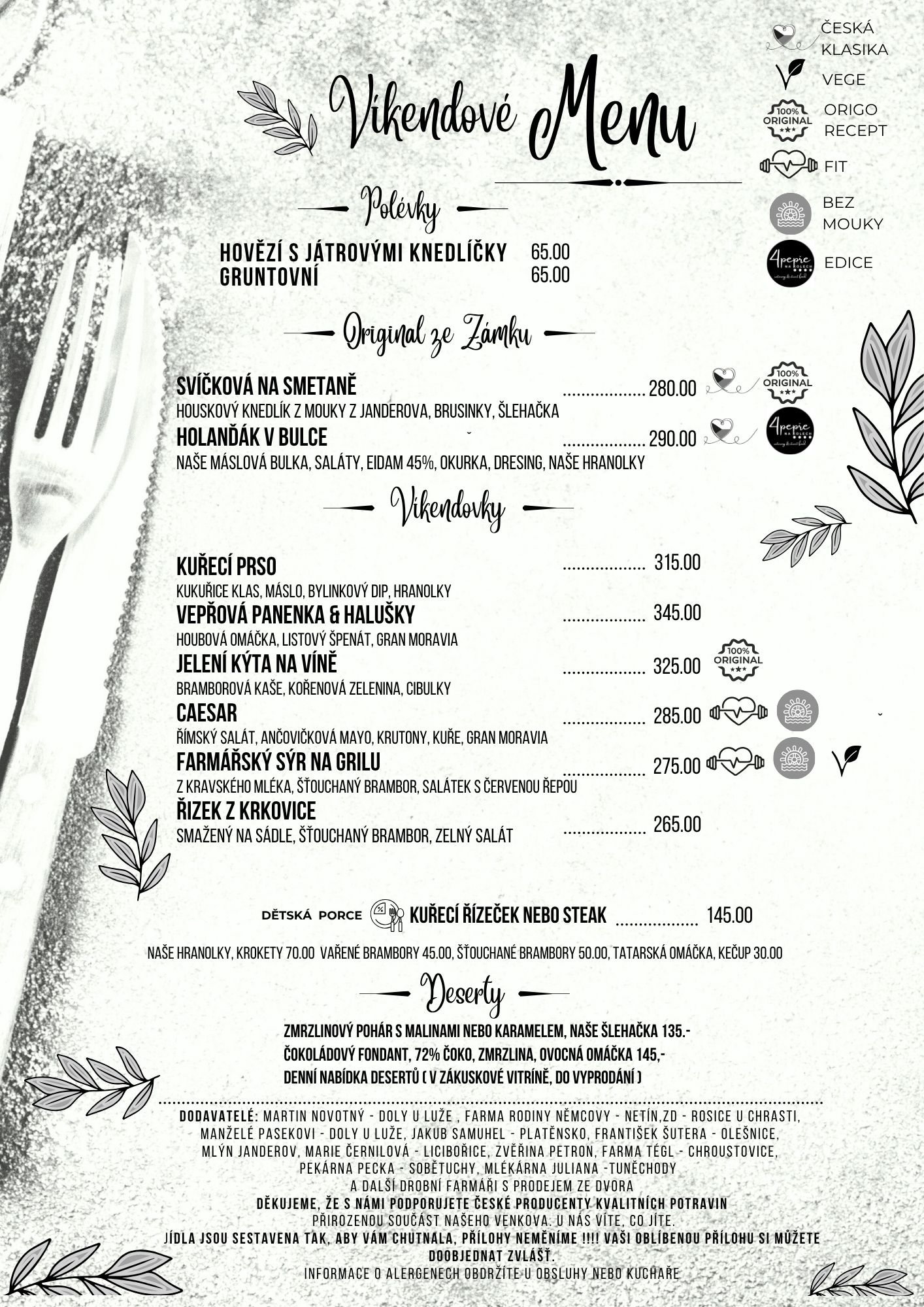 Víkendové menu restaurace